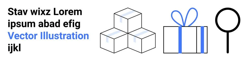 Stack of Boxes, Wrapped Gift, and Magnifying Glass for Logistics and Retail.. Stock Illustration