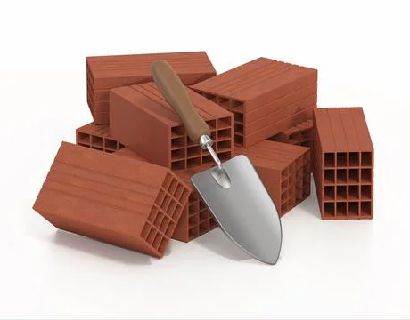 Stack of bricks and trowel isolated on white background. 3D illustration Illustrazione stock
