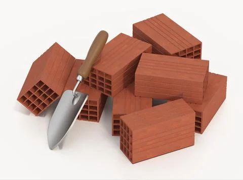Stack of bricks and trowel isolated on white background. 3D illustration Illustrazione stock