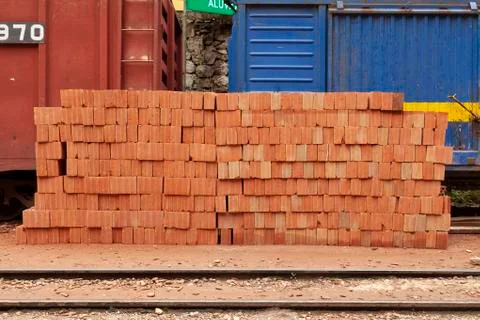 A stack of bricks between the trains in Aguas Calientes, Peru Stock Photos