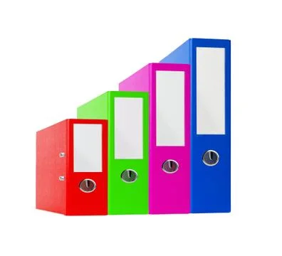 Stack of bright color office folders isolated on white Fotos de archivo