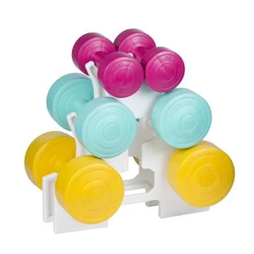 Stack of bright colored athletic rubber dumbbells Stock Photos