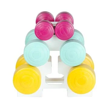 Stack of bright colored athletic rubber dumbbells Stock Photos