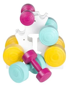Stack of bright colored athletic rubber dumbbells Stock Photos