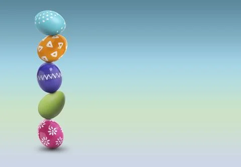 Stack of bright Easter eggs on blue green gradient background, space for text Stock Photos