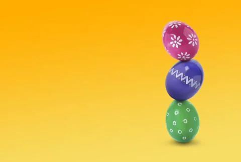 Stack of bright Easter eggs on yellow background, space for text Stock Photos