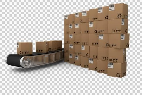 Stack of brown cardboard boxes by conveyor belt Illustrazione stock