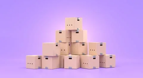 Stack of brown cardboard boxes isolated on purple background. Parcel delivery Stock Illustration