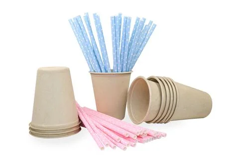 Stack of Brown paper cups and paper straws on a white background  Stock Photos