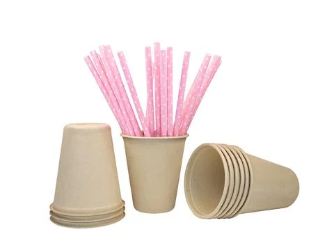 Stack of Brown paper cups and paper straws on a white background Stock Photos