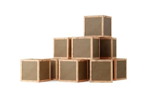 Stack of brown wooden transport or shipping boxes or crates over white backgr Illustrazione stock