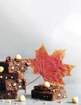 Stack of a brownie pieces and leaf on a grey table with gray background. Stock Photos