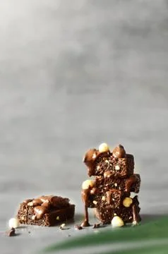Stack of a brownie pieces on a grey table with gray background and palm. Stock Photos