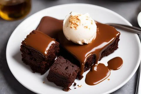 Stack of brownie squares with scoop of ice cream and caramel Stock Photos