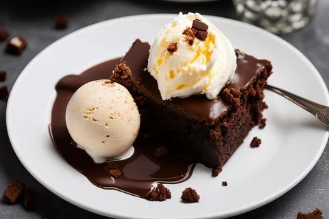 Stack of brownie squares with scoop of ice cream and caramel, white backgroun 스톡 사진