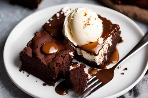 Stack of brownie squares with scoop of ice cream and caramel Stock Photos