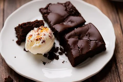 Stack of brownie squares with scoop of ice cream and caramel Stock Photos