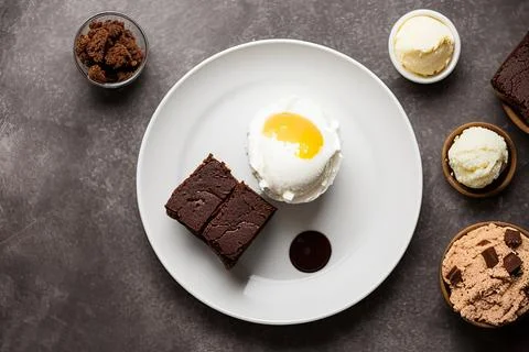 Stack of brownie squares with scoop of ice cream and caramel, white backgroun Stock Photos