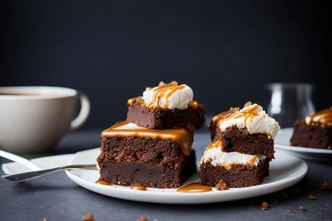 Stack of brownie squares with scoop of ice cream and caramel, white backgroun 스톡 사진