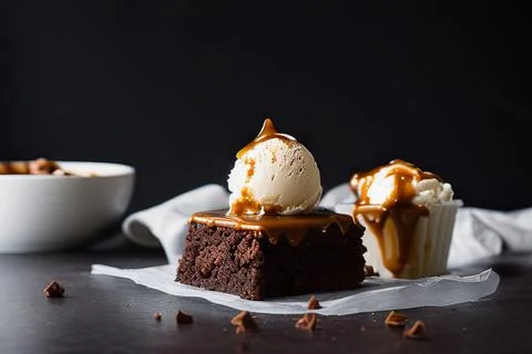 Stack of brownie squares with scoop of ice cream and caramel, white backgroun Stock Photos