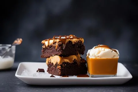 Stack of brownie squares with scoop of ice cream and caramel, white backgroun Stock-Fotos