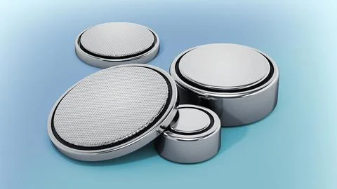 Stack of button cells isolated on blue background. 3D illustration Stock Illustration