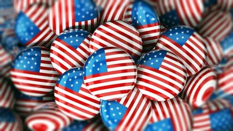 Stack of buttons with American flag. 3D illustration Stock Illustration