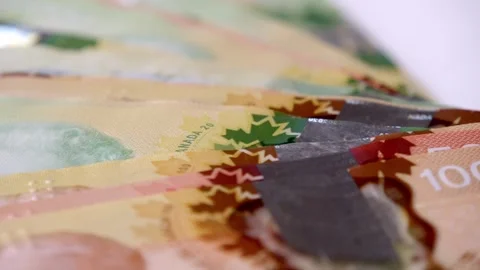 Stack of Canadian dollar bills rotating in a circle on a white background Stock Footage 266179201