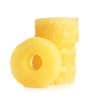 Stack of canned pineapple rings on white background Stock Photos