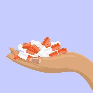 Stack of capsule or medicine pills in female hand. Flat and solid color vector Stock Illustration