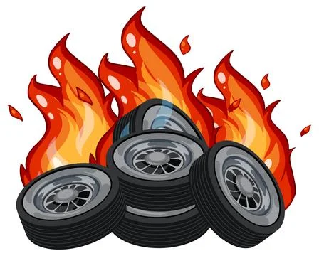 Stack of Car Tires Burning with Intense Flames イラスト素材