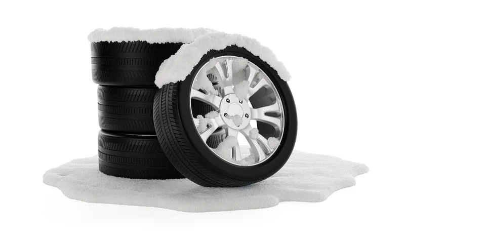 Stack of car tires covered with snow on snow patch over white background, win Stock Illustration