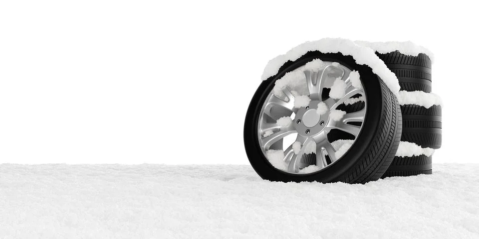 Stack of car tires covered with snow on snow floor over white background, win Stock Illustration