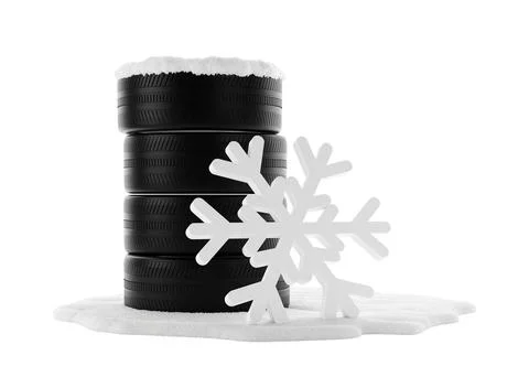 Stack of car tires covered with snow on snow patch over white background with Ilustración de archivo