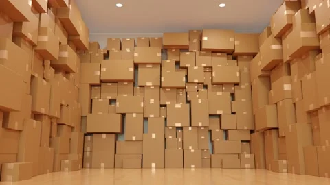 Stack of cardboard box carton or parcel in logistics warehouse. 3D rendering. 4K Stock Footage 181915958