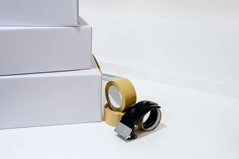 Stack Cardboard boxes with copy space on isolated white background. Stock Photos