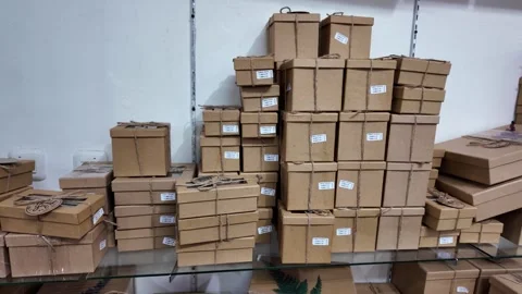 Stack of cardboard boxes on a hanging rack in a packaging shop Vídeos de archivo 291677378