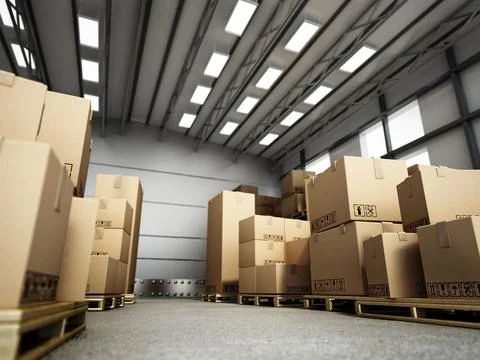 Stack of cardboard boxes inside the warehouse. 3D illustration 스톡 일러스트