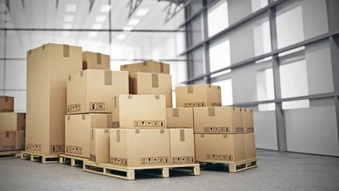 Stack of cardboard boxes inside the warehouse. 3D illustration Stock Illustration