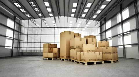 Stack of cardboard boxes inside the warehouse. 3D illustration Stack of ca... Stockfoto's