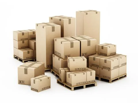 Stack of cardboard boxes isolated on white background. 3D illustration Ilustración de archivo