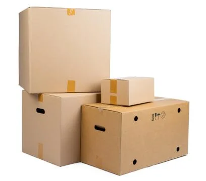 Stack of cardboard boxes isolated on white background Foto stock