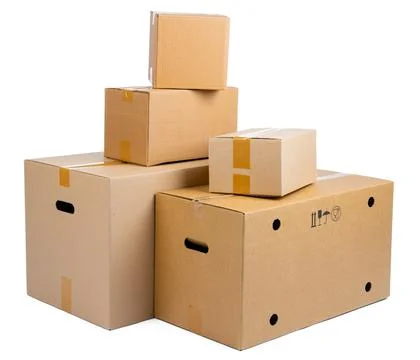 Stack of cardboard boxes isolated on white background Stockfoto's