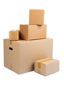 Stack of cardboard boxes isolated on white background Foto stock