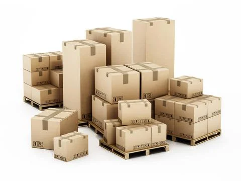Stack of cardboard boxes isolated on white background. 3D illustration Sta... 스톡 사진