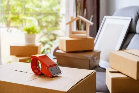 Stack of cardboard boxes in living room at new house on moving day Stock-Fotos