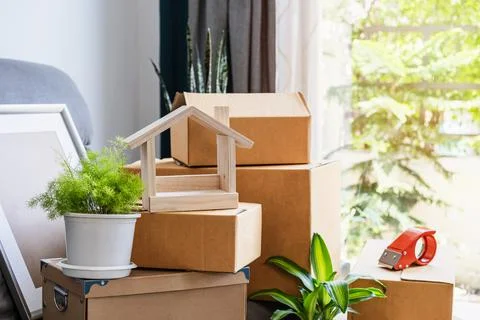 Stack of cardboard boxes in living room at new house on moving day 写真素材