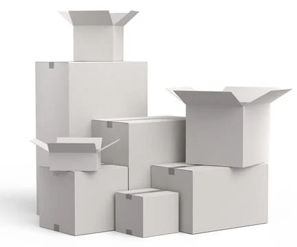 Stack of cardboard boxes or carton gift box isolated on white background. 3d  Stock Illustration