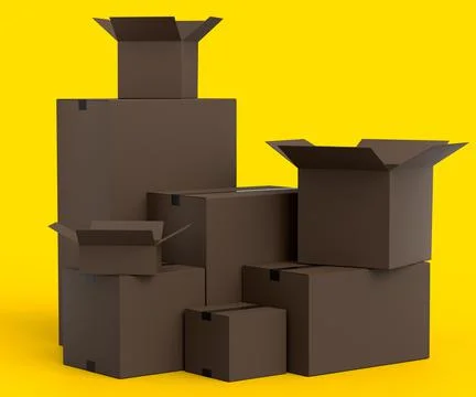 Stack of cardboard boxes or carton gift box isolated on yellow background. 3d Stock Illustration