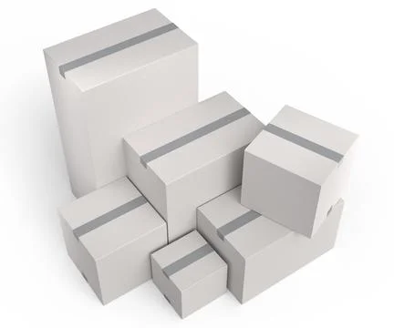 Stack of cardboard boxes or carton gift box isolated on white background. 3d  Stock Illustration
